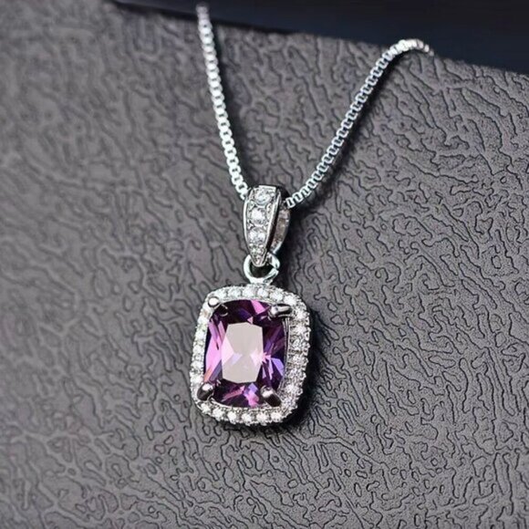 NEW 925 Sterling Silver Amethyst Diamond Necklace - Picture 1 of 5